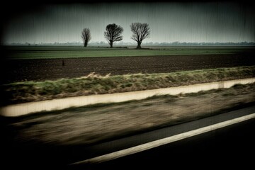 Highway view of rural fields, overcast