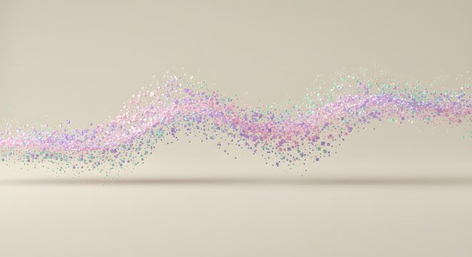 Dynamic Pastel Particle Wave Abstract 3D Render of Floating Cubes on Soft Beige Background.