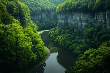 Fototapeta premium Lush Green River Valley: Serene Nature Scene with Winding Waterway