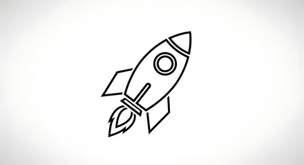 Outline drawing of a rocket ship flying upwards on a white background with a flame trail behind it ai generated