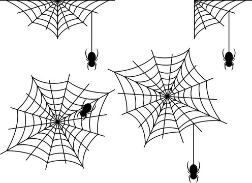 Spiders and spider webs image set. Black color vector illustration with transparent background.