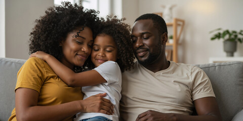 Happy African American family hugging on the couch. Loving Black parents embracing their daughter at home.