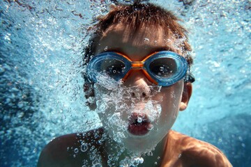 Underwater Fun: Child Blowing Bubbles in Pool with Goggles.