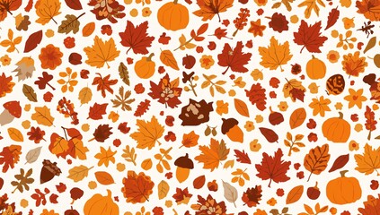 Festive autumn pattern with leaves and pumpkins isolated on white background