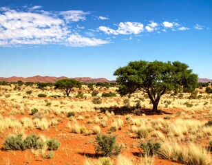 Arid landscape with sparse vegetation, red sand, and two prominent trees under a vibrant blue sky