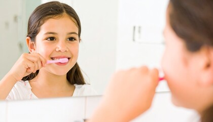 Child girl brushing teeth in modern bathroom mirror, morning dental hygiene