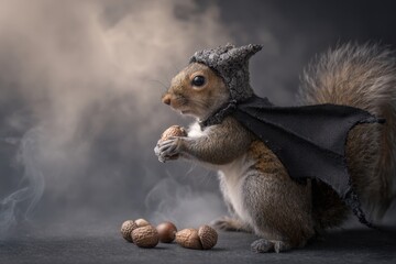 Superhero Squirrel in Costume with Acorns Against Smoky Background.