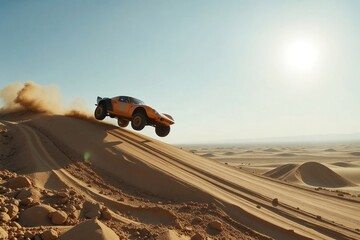 A sleek, unmarked high-performance sports car is captured mid-air, jumping dramatically over a sand dune in a dusty desert rally race.