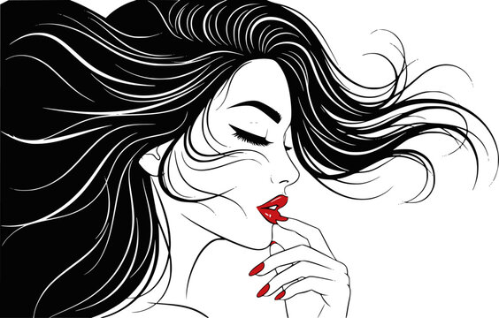 Beautiful sexy face, red lips, hand with red manicure nails, fashion woman, element design, nails studio, curly hairstyle, hair salon sign, icon. Beauty Logo. EPS version.
