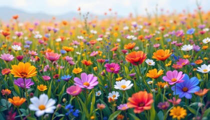 create a colorful and abstract illustration of a flower meadow in a prismatic style, the focal point of the image should be the subject at the top