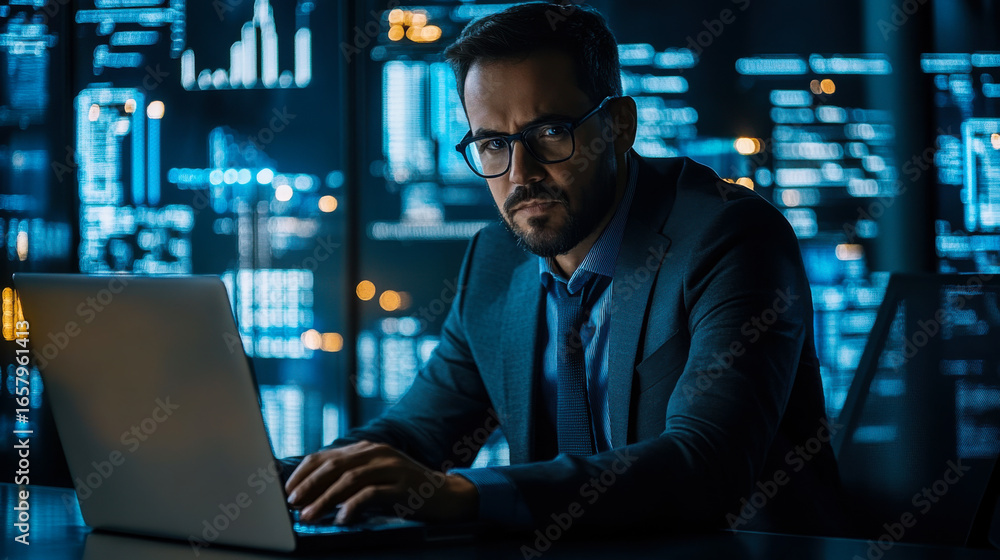Poster focused professional working with a laptop in a high-tech environment filled with digital displays a