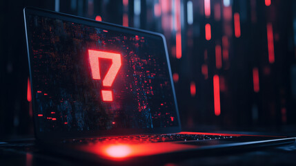 Laptop displays a question mark in red against a dark digital background, symbolizing uncertainty and inquiry in technology
