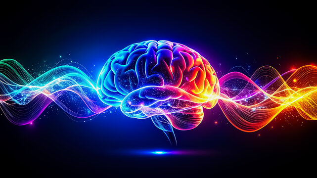 Abstract Wireframe Brain with Neon Waves
