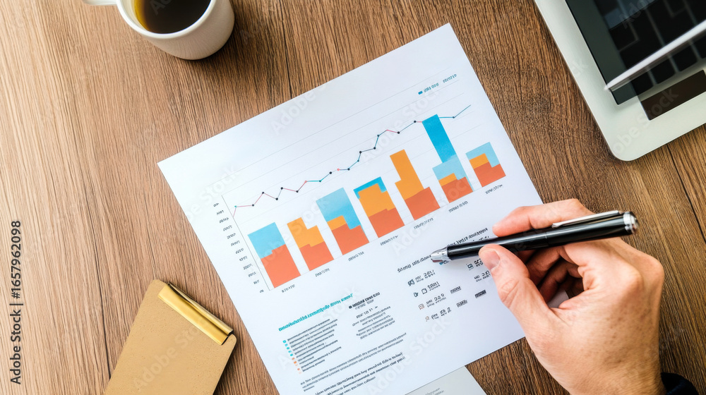 Aufkleber data analysis and presentation with colorful charts on a wooden table during work