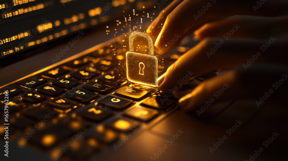 Poster protecting data through encryption on a laptop at night in a digital environment