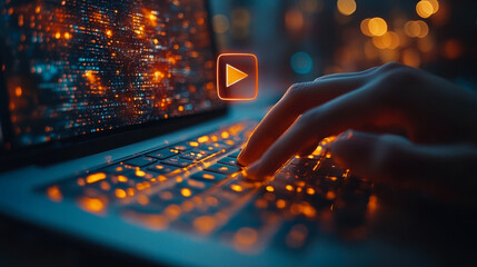 Engaging with digital content through a laptop keyboard at night amidst a glow of particles and streaming data