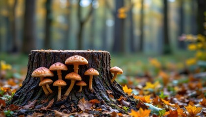 autumnal mushrooms on a forest stump   sparkling style subject at the bottom of image with ample copy space at the top, optimized for photo use, avoid using trademarked terms