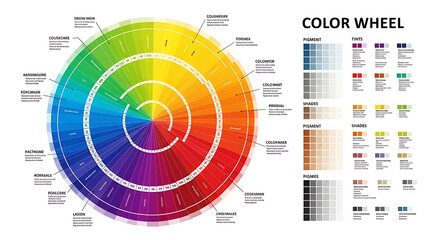 A color wheel chart showing pigment tints and shades with color names and descriptions around it ai generated