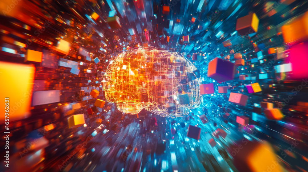 Aufkleber vibrant digital representation of a brain amid colorful data cubes in a futuristic environment