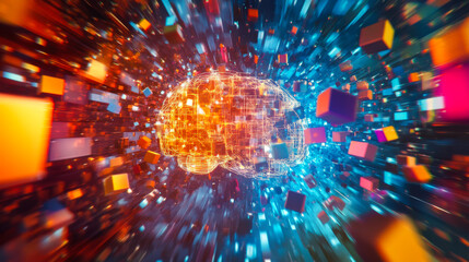 Vibrant digital representation of a brain amid colorful data cubes in a futuristic environment