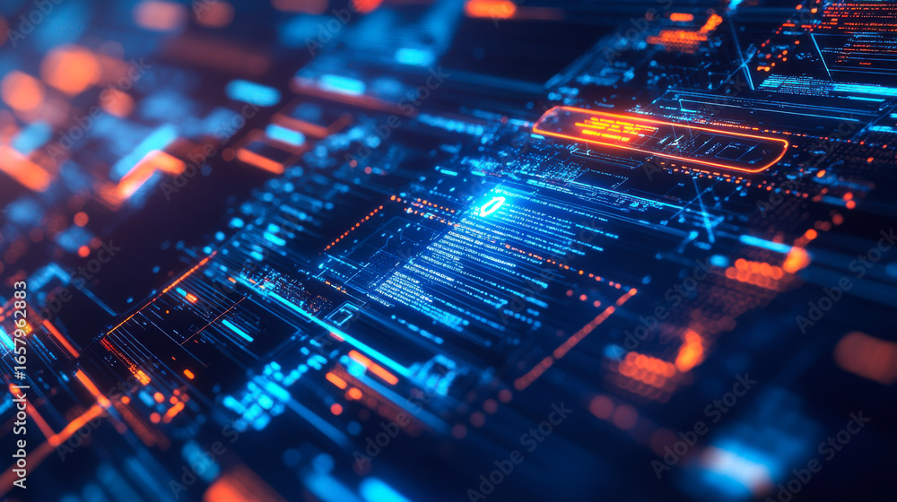 Poster vivid technological design showcasing digital circuitry and glowing elements in a modern abstract sp