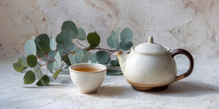 Autumn self care with herbal tea concept. Ceramic teapot and cup with eucalyptus leaves on textured surface.