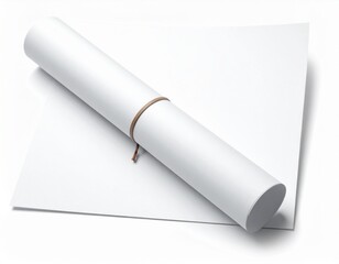 Blank A4 White Paper Mockup: Rolled Scroll & Rubber Band. Formal Documentation, Classic & Modern Aesthetic