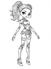 Minimilist steampunk girl with ponytail and gears in a detailed black and white line art illustration style vector