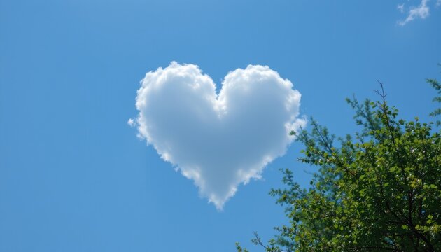heart shaped cloud in a clear blue sky, with no other clouds or objects obstructing view, copy space: below the subject, for text to be added later.