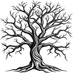 Obraz premium Autumn Halloween Elements Bare Tree Branch Ink Drawing