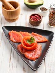 Slicing fresh salmon for sushi preparation kitchen food photography bright environment close-up view culinary art
