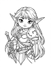 Minimilist line art drawing of a young elf warrior girl with sword and armor in black and white illustration style vector