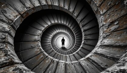 create a 3d rendering of an endless old spiral staircase leading up to a brightly lit subject at the top, the image should be in sketch style and under high noon
