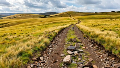 Obraz premium Scenic pathway through rolling hills countryside photography natural landscape wide-angle view serenity