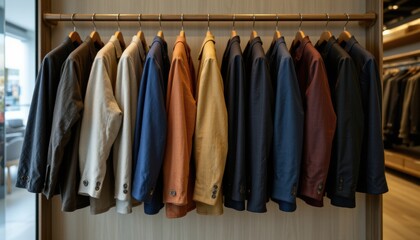 create a photo of a mens coats hanging in a row in a retail store with ample copy space on the right side for text, the subject should be positioned clearly to the left