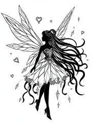Minimilist silhouette of a fairy with wings and long flowing hair wearing heels surrounded by hearts and gems vector