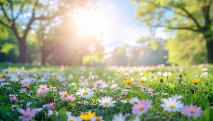 Fototapeta premium Spring meadow with blooming daisies: A vivid depiction of a sun-drenched spring meadow abounding with blooming daisies, the warmth of the day radiating throughout the lush greenery and open space. 
