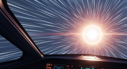 Spaceship cockpit with warp speed tunnel effect