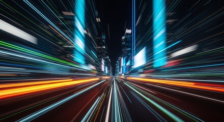 Streaking lights create a blur of movement through a cityscape at night