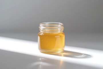 Jar of honey with wooden dipper on white background
