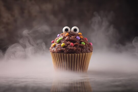 Whimsical Monster Cupcake with Candy Eyes and Colorful Sprinkles in Mist.