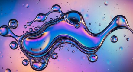 Swirling iridescent liquid with bubbles against a gradient background