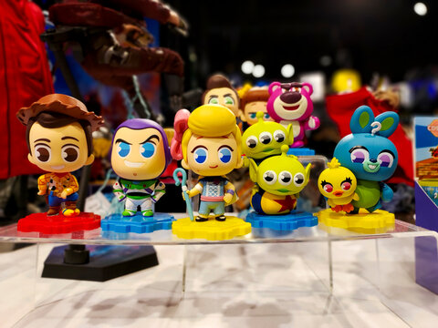 Taiwan, Taipei City &ndash; July 18, 2022: Movie Toy Story cute version character model dolls displayed and sold inside Syntrend Creative Park, located in a department store in Taipei, Taiwan. Featuring Lot