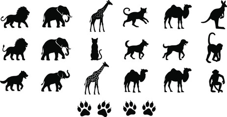 Naklejka premium Animal silhouette set with lion, elephant, giraffe, cat, dog, monkey, and paw print icons