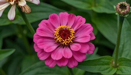 Fototapeta premium Vibrant pink zinnia flower blooming in nature's garden close-up photography green leafy background