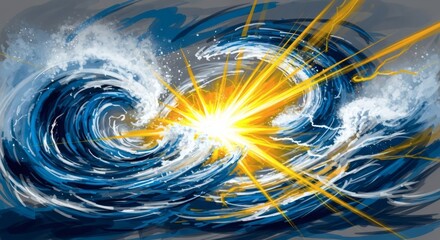 Two crashing waves illuminated by a bright yellow explosion