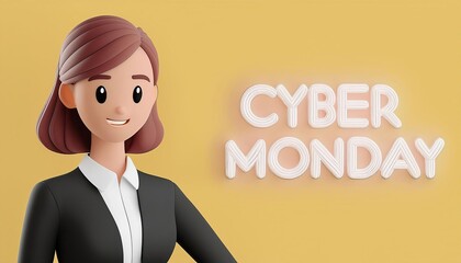 Smiling businesswoman presenting cyber monday deals on yellow background