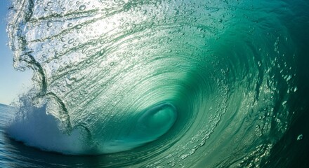 Underwater view of a turquoise ocean wave sunlight filtering through bubbles