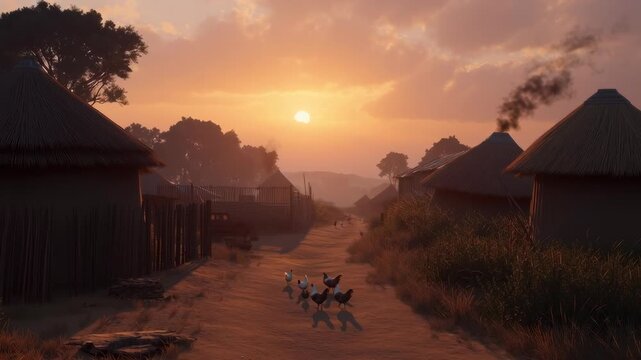 Traditional African village at sunrise with chickens walking along dusty path between thatched huts, peaceful rural morning atmosphere.