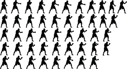 Boxer silhouette icon set with 36 black fighting poses arranged in a dynamic triangular layout